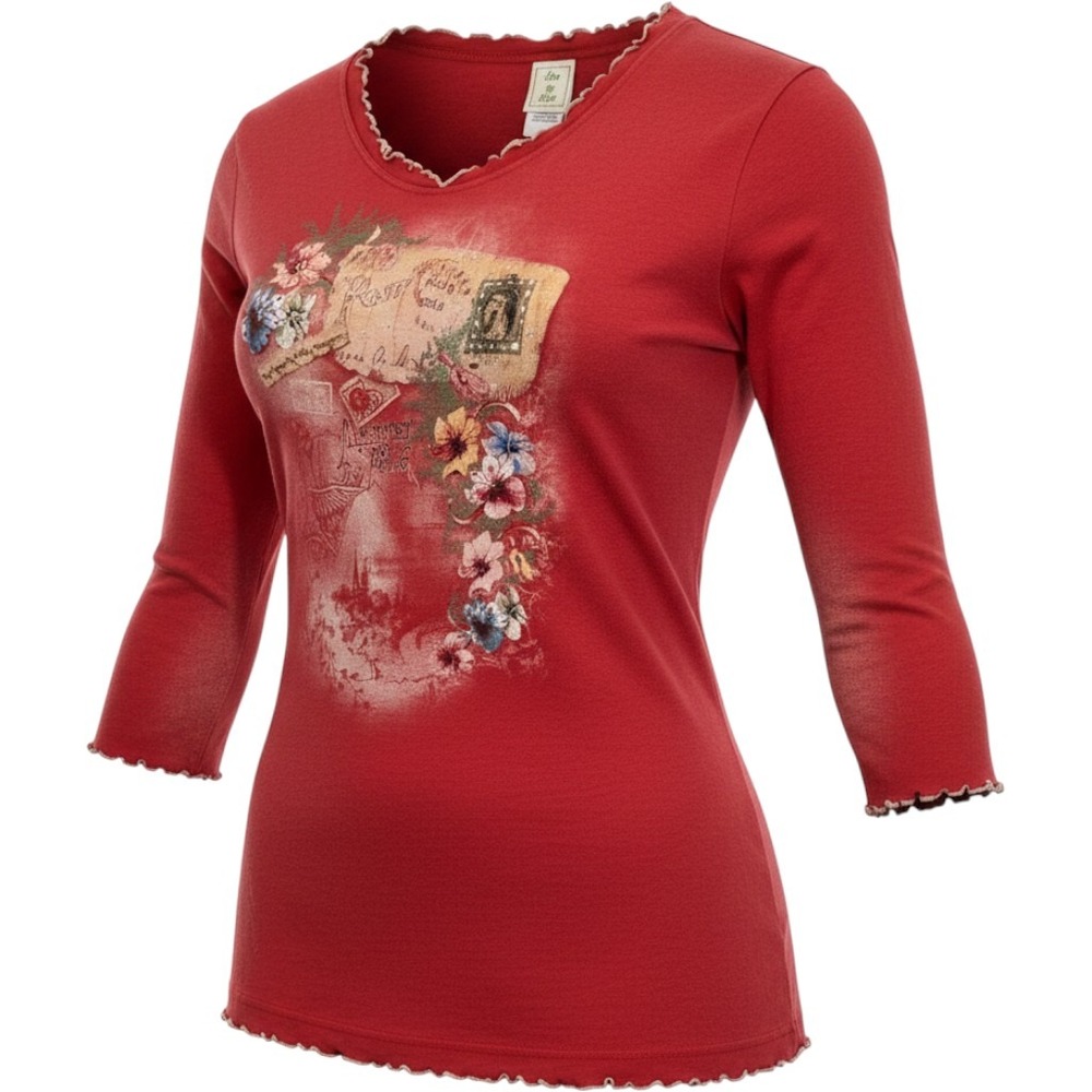 Jess & Jane - Postcard Floral Top Sz. XL Red‎ 3/4 Sleeve Lettuce Trim Rhinestone